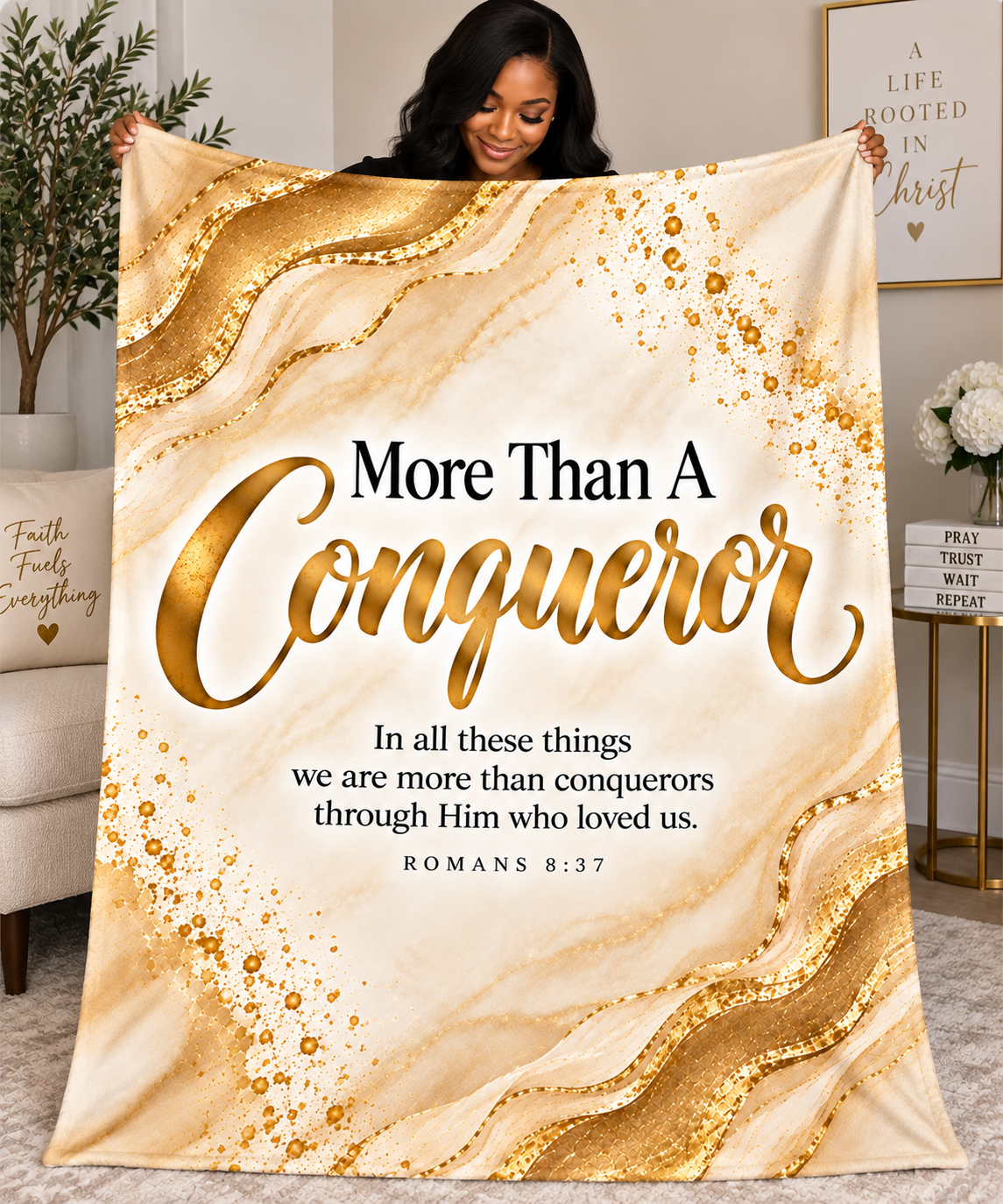 More Than A Conqueror Throw - 50x60 Christian Fleece Throw More Than A Conqueror Romans 8:37 plush fleece Christian blanket in cream and gold.