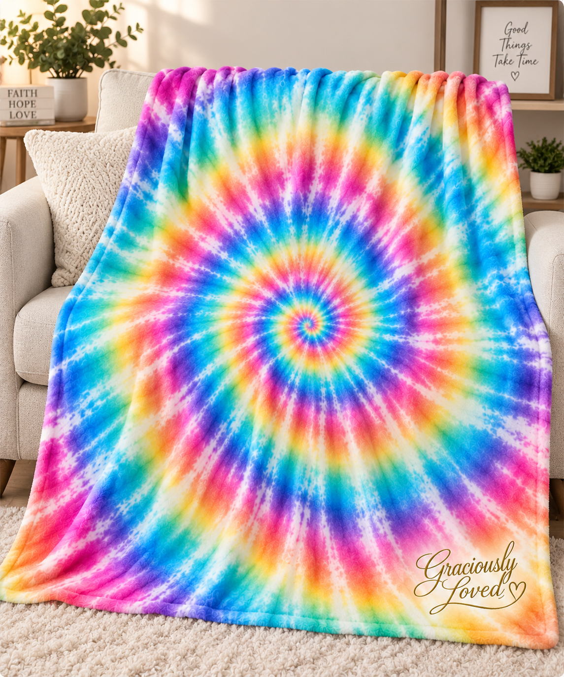 Graciously Loved Tie-Dye Throw - 50x60 Plush Fleece Throw Graciously Loved 50 by 60 inch plush fleece tie-dye blanket displayed on a cream sofa in bright pink, blue, yellow, green, and purple.