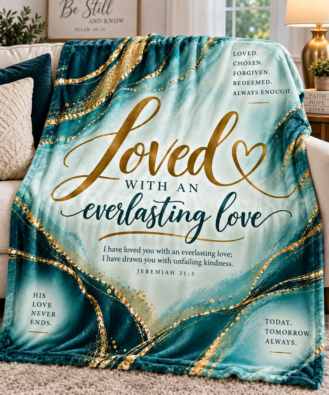 Loved With An Everlasting Love Throw - 50x60 Plush Fleece Christian Throw Loved With An Everlasting Love plush fleece Christian blanket in teal or purple with gold script and Jeremiah 31:3 scripture.